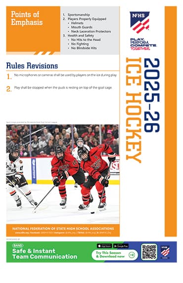 Poster for the 2025-26 ice hockey season with rules revisions and points of emphasis, featuring an action photo of players on the ice.