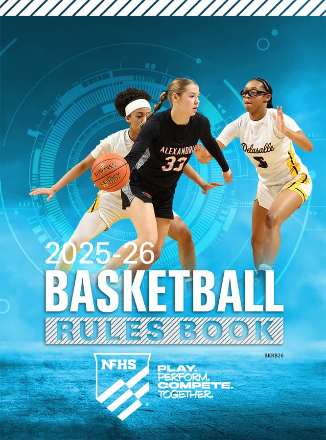 Three female basketball players in action on a court. Text reads "2025-26 Basketball Rules Book" with NFHS logo at the bottom.