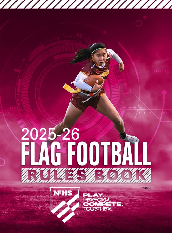 A female flag football player runs with the ball on the cover of the 2025-26 Flag Football Rules Book.